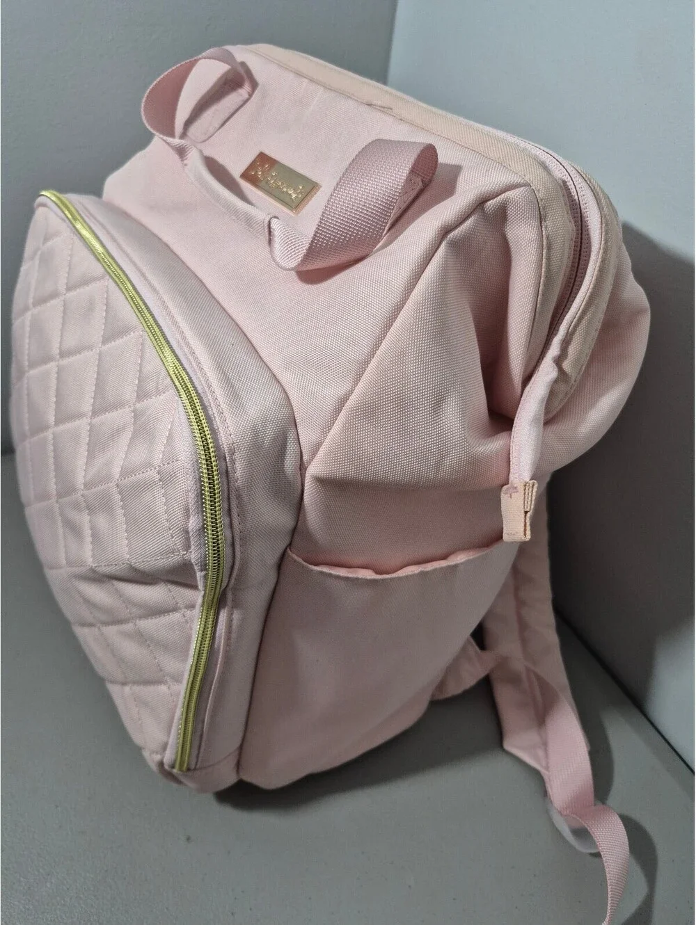 Baby Essentials Pink Diaper Bag Backpack Insulated Bottle Pockets Gold Tone